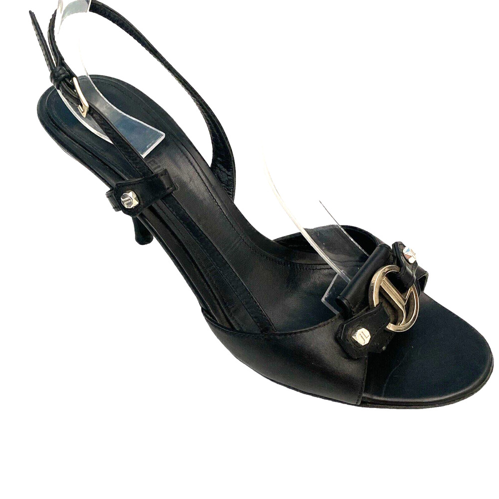 Judith Leiber Sandal Black Leather Slingback Open Toe Silver Logo Slim H…
